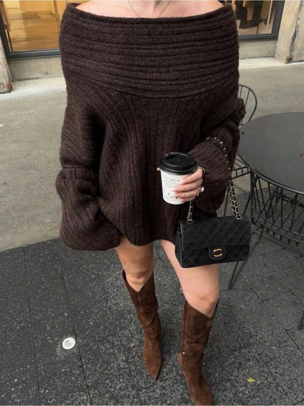 OAK + FORT Off-the-Shoulder Chocolate Brown Ribbed Sweater